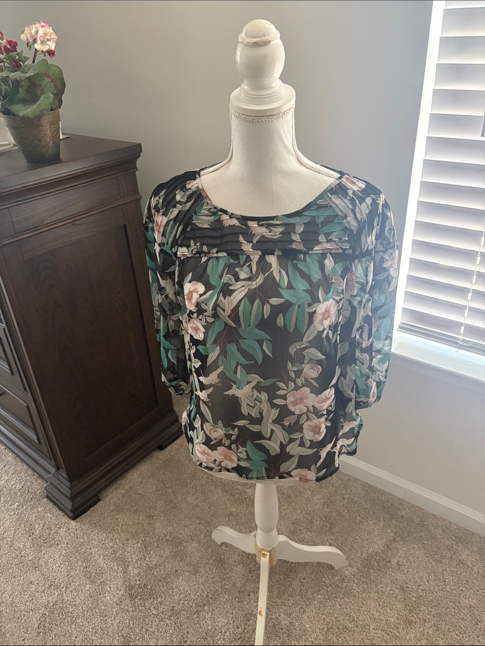 Lauren Conrad Floral Sheer Blouse - Black with Pink & Green Floral Print